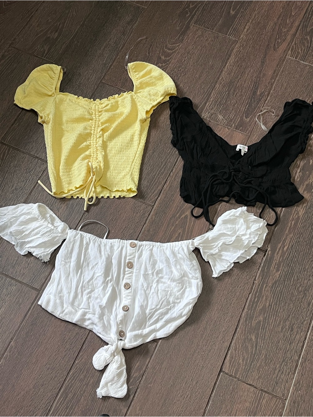 Women’s Crop Tops Lot of 3 Off Shoulder Ruched Smocked size XS-S